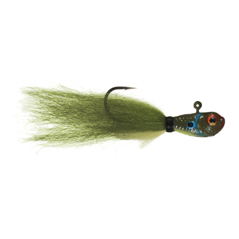 Close-up of a green SPRO Phat Flies fishing lure featuring a detailed fish head design, a sharp hook, and synthetic fiber tail for musky fishing tackle.