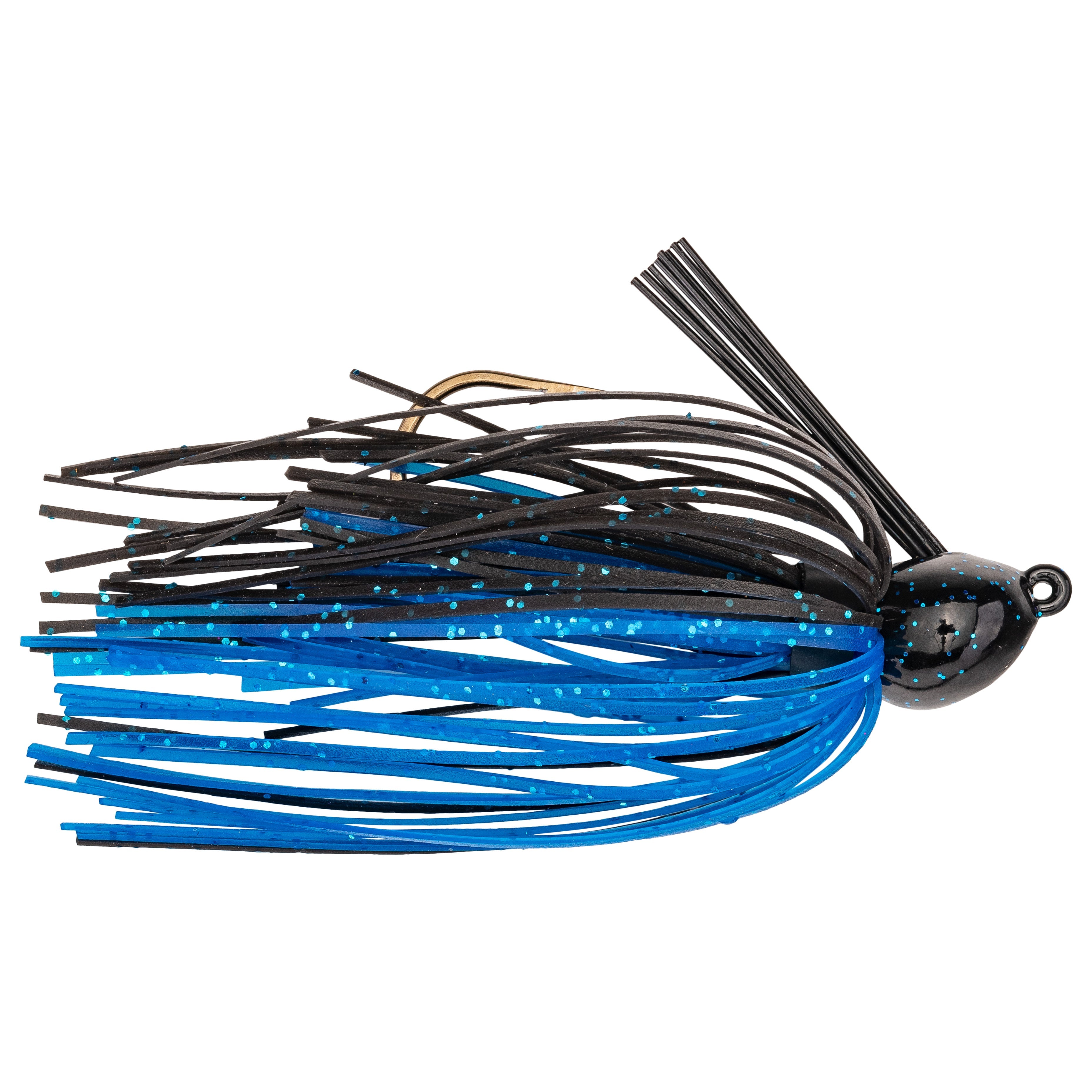 Strike King Bitsy Bug Mini Jig featuring a black and blue skirt with a weighted head and weed guard, designed for fishing tackle use targeting musky and other freshwater species.