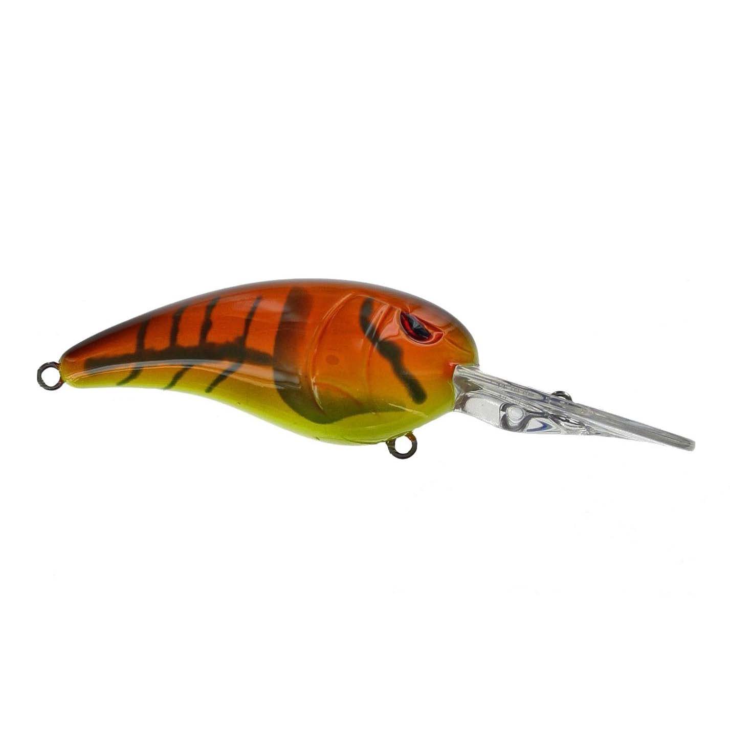 SPRO RkCrawler 55 Crankbait fishing lure in orange and yellow with black stripes, detailed eyes, and a transparent diving lip for freshwater fishing tackle.