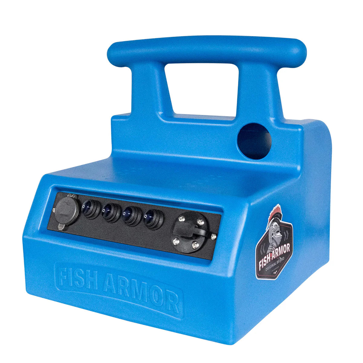 Blue device with a handle labeled 'Fish Armor' on a white background