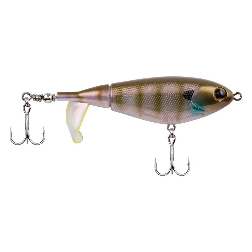 Berkley Choppo fishing lure in natural green and blue hues with lifelike fish scale detailing, featuring two sharp treble hooks and a paddle tail for realistic movement.