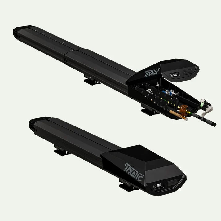 Trxstle ARC Fishing Rod Carrier shown in black with one carrier open to display stored fishing rods and tackle alongside a second enclosed carrier