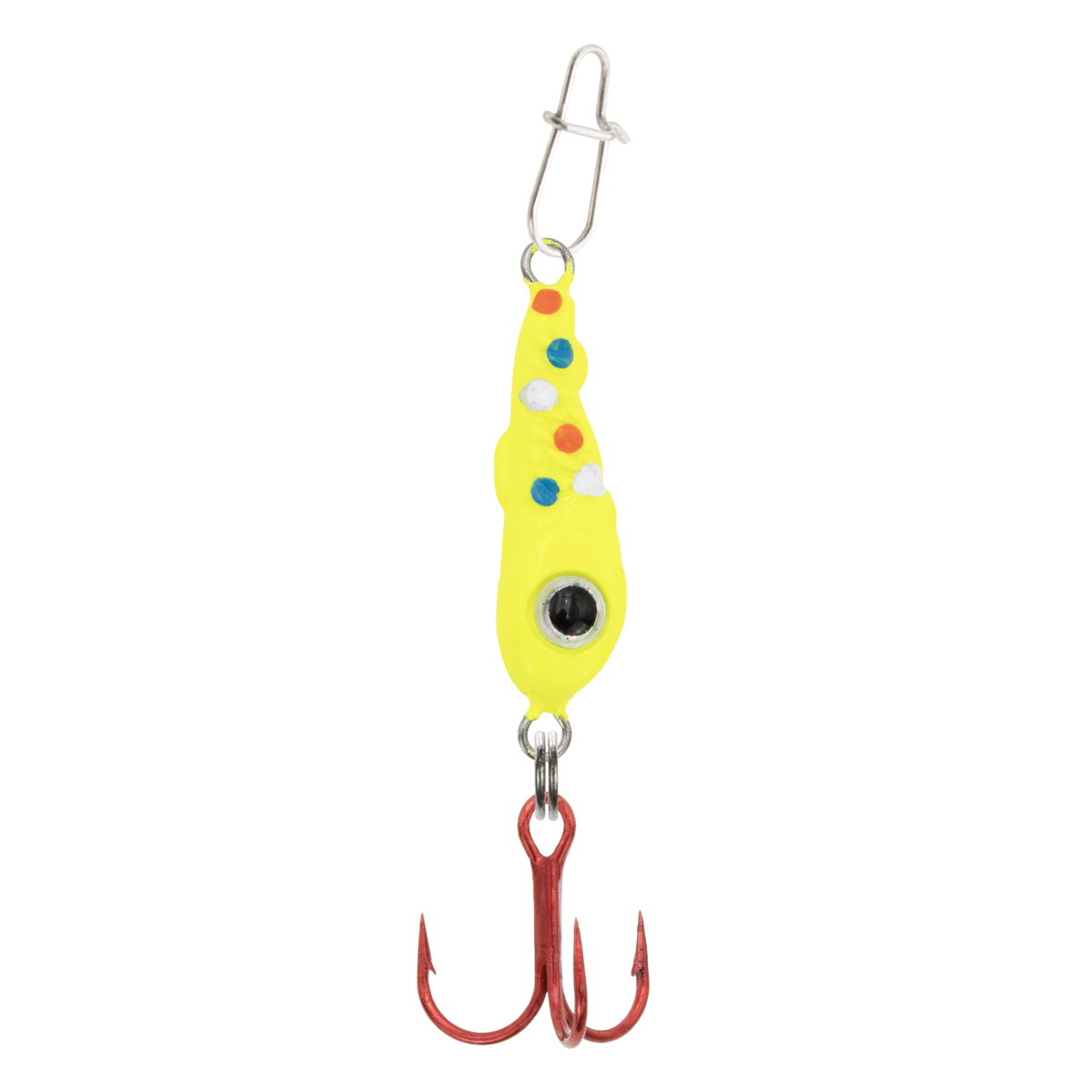 Clam Bomb Drop Spoon fishing lure in bright chartreuse with colorful spots and a red treble hook, designed for effective fishing tackle performance.