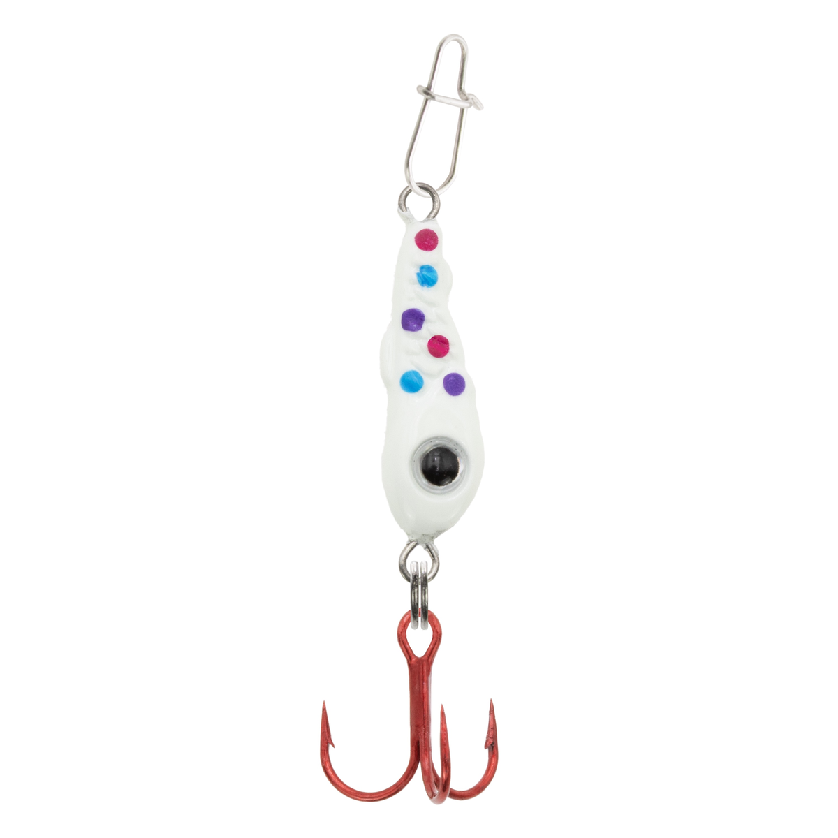 Clam Bomb Drop Spoon fishing lure with a white body featuring blue, purple, and red dots, a realistic black eye design, and a red treble hook for effective fishing tackle use.