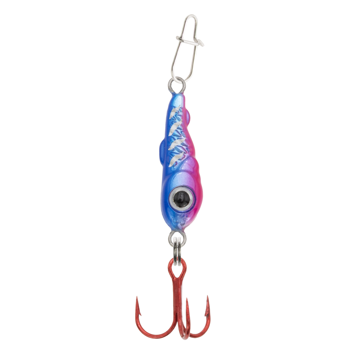 Clam Bomb Drop Spoon fishing lure in blue and pink with a detailed eye design, featuring a metal clip for attachment and a red treble hook for effective catch.