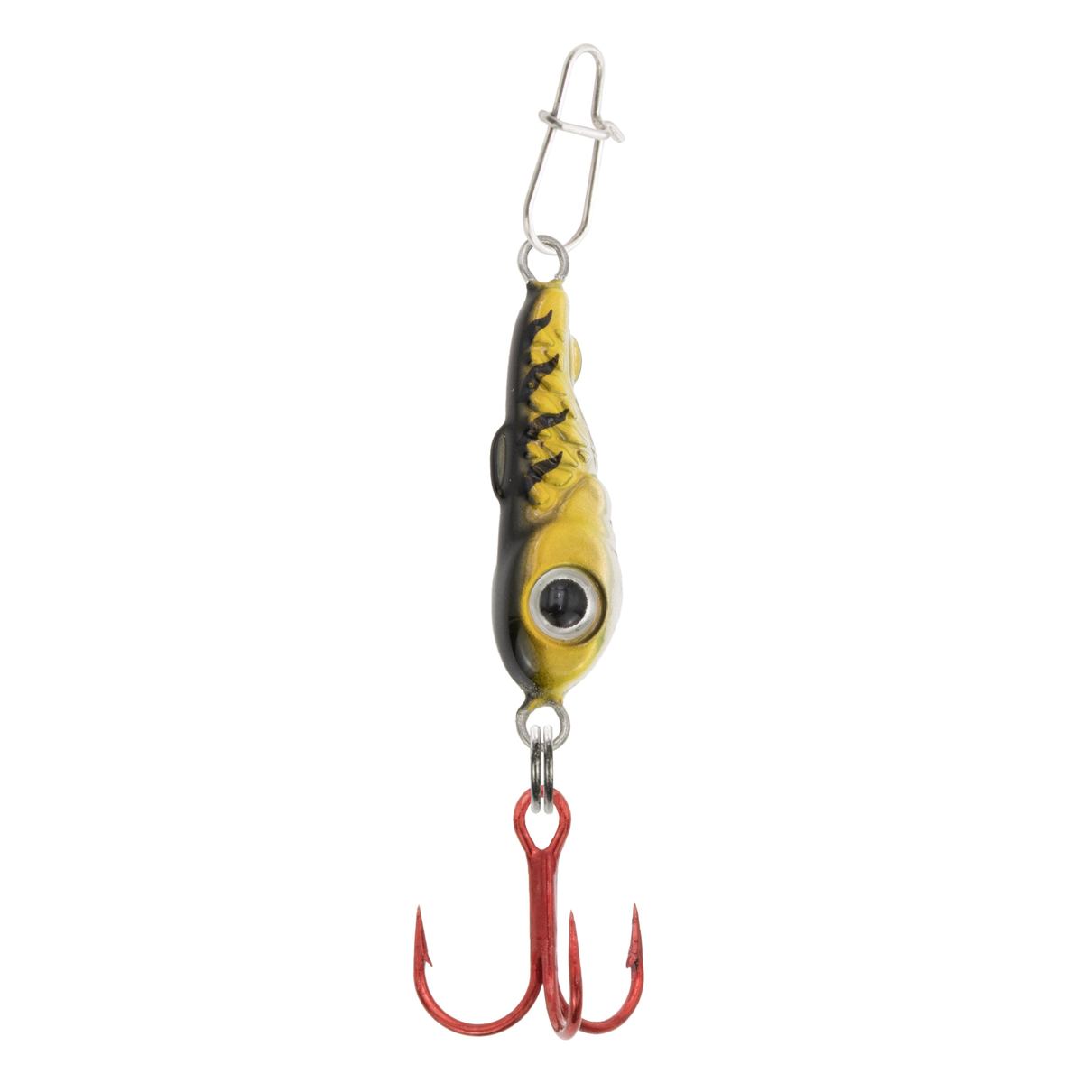 Clam Bomb Drop Spoon fishing lure in gold and black tiger pattern with realistic eye and red treble hook, designed for effective fishing tackle use.