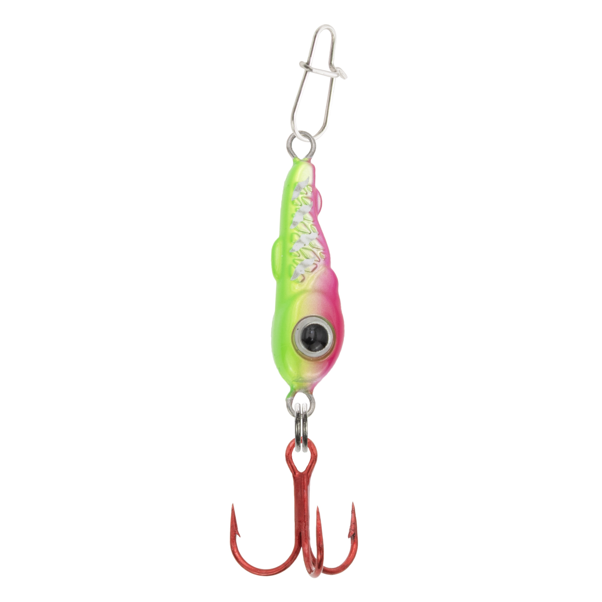 Clam Bomb Drop Spoon fishing lure in bright green and pink with a large eye design, metal clip, and red treble hook, used for fishing tackle.