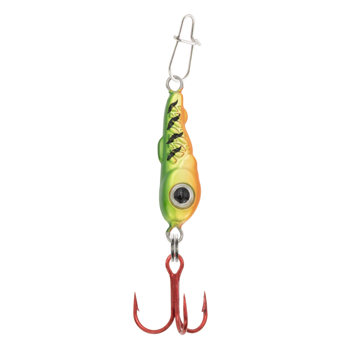 Clam Bomb Drop Spoon fishing lure in vibrant green and yellow with black markings, featuring a large eye design and a red treble hook for fishing tackle enthusiasts.