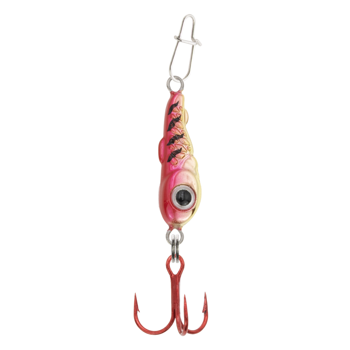 Clam Bomb Drop Spoon fishing lure in red and gold with detailed black markings, realistic eye design, and red treble hook for effective fishing tackle use.