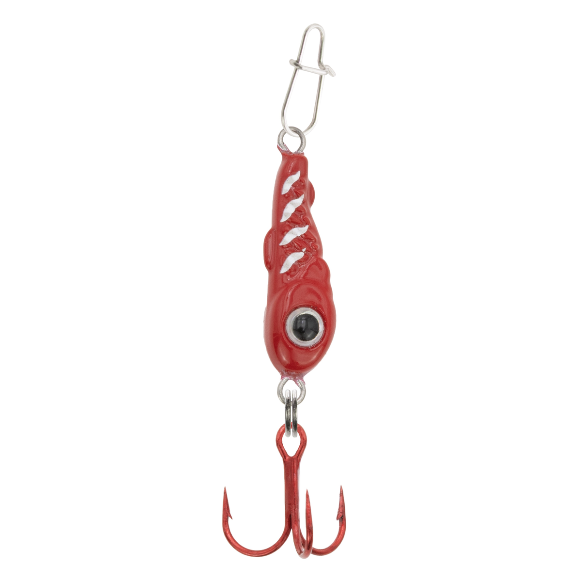 Clam Bomb Drop Spoon fishing lure in red with white accents, featuring a detailed fish design, black eye, metal clasp, and a sharp triple hook for effective fishing tackle use.
