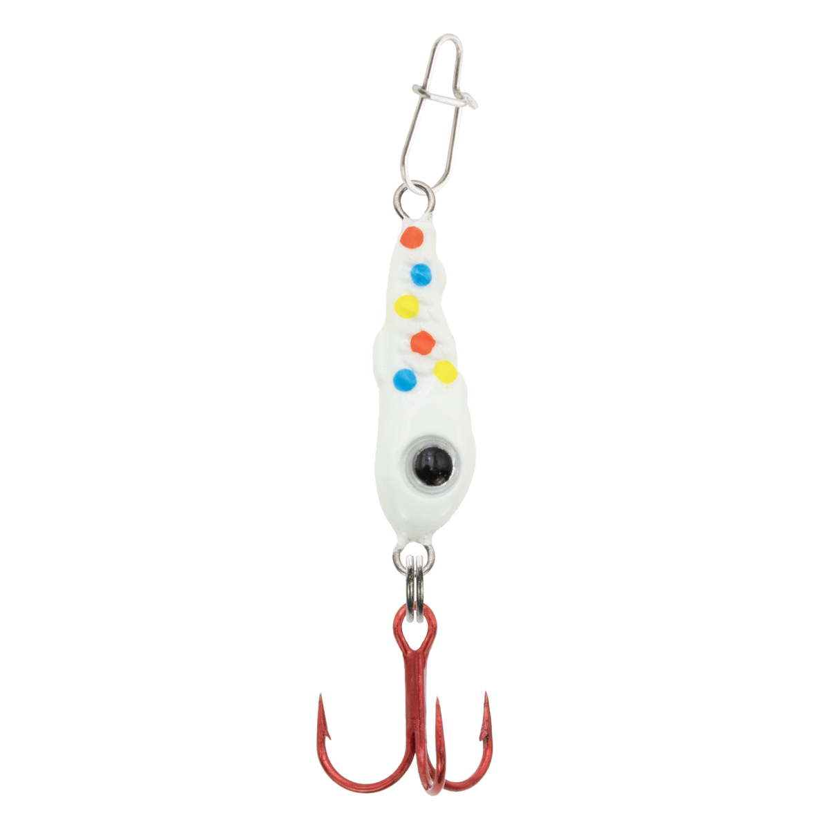 Clam Bomb Drop Spoon fishing lure with a white body decorated with blue, yellow, and orange dots, a large black eye design, and a red treble hook, suitable for fishing tackle use.
