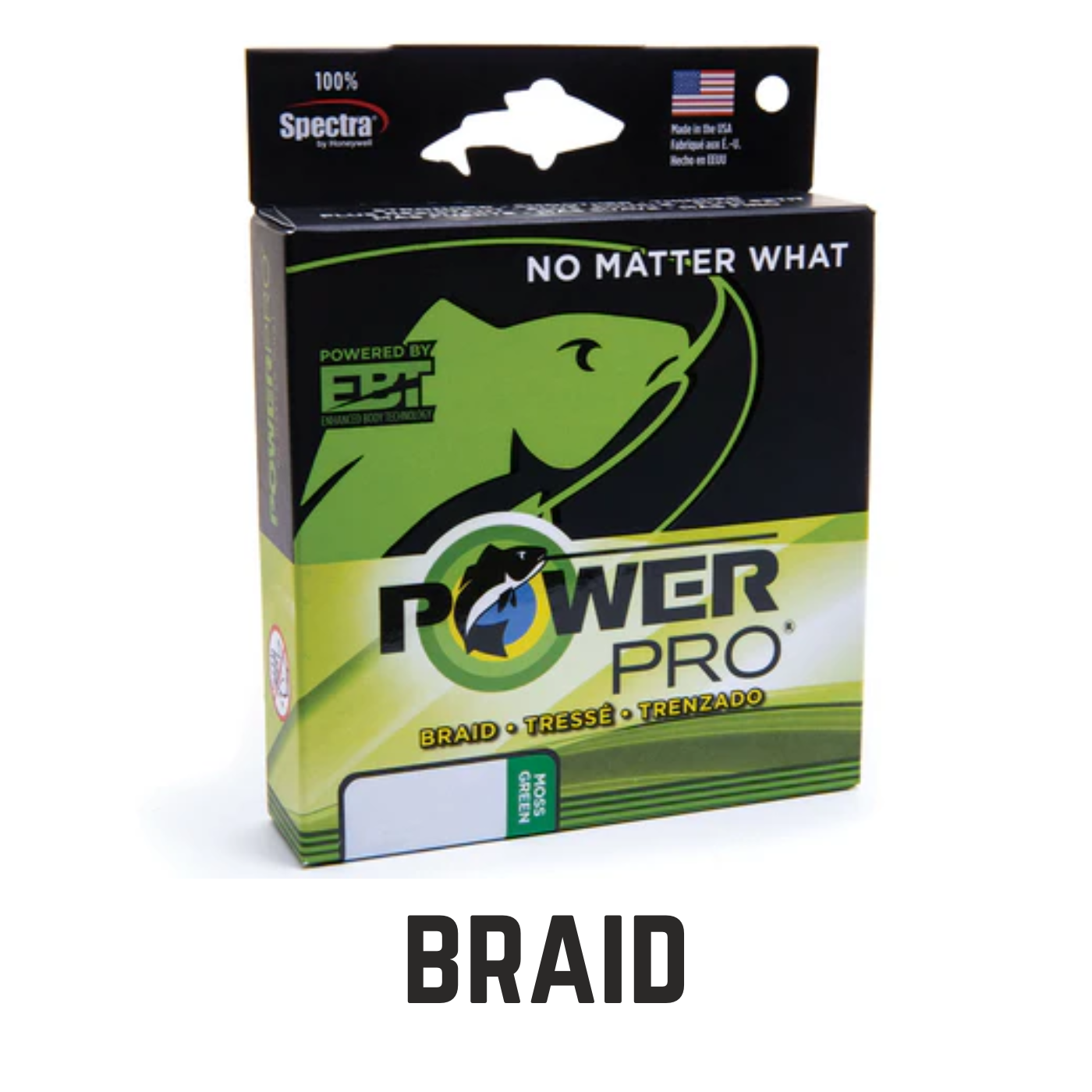 Power Pro fishing line with text overlay braid