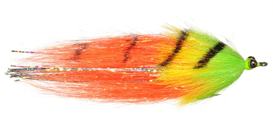 Craft Fur Whistler #2/0 fishing lure features vibrant green, yellow, and orange fur with black stripes and iridescent strands, designed for musky fishing tackle.