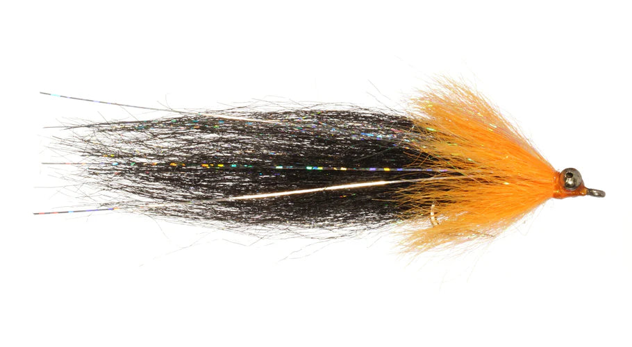 Craft Fur Whistler #2/0 fishing lure with vibrant orange head and black synthetic fur body, designed for musky fishing and enhanced water visibility.