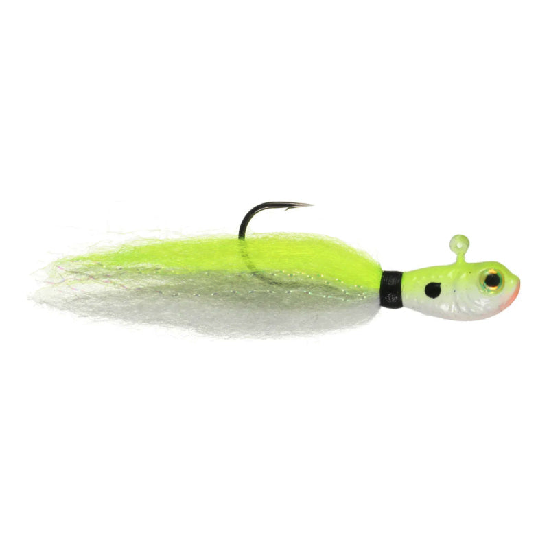 SPRO Phat Flies fishing lure with chartreuse and white synthetic fibers, black dot near the head, designed for musky and ice fishing tackle.