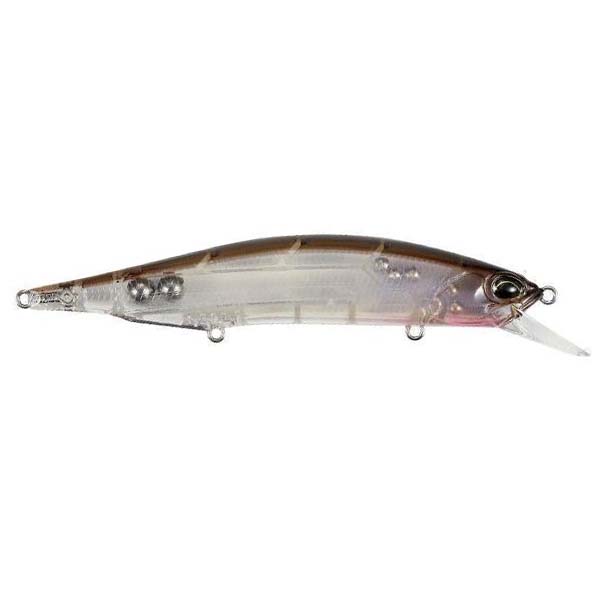 Duo Realis 110SP Jerkbait fishing lure with a transparent body, internal weights, detailed eye design, and a diving lip for realistic movement in the water.