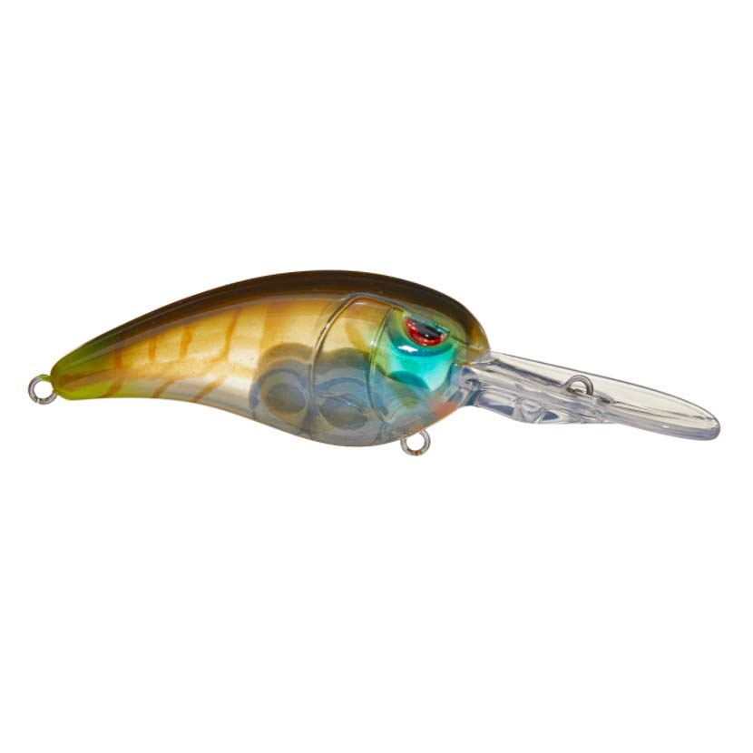 SPRO RkCrawler 55 Crankbait fishing lure with a translucent body featuring green, gold, and blue hues, detailed red eye, and a clear extended lip for deep water crankbait action.