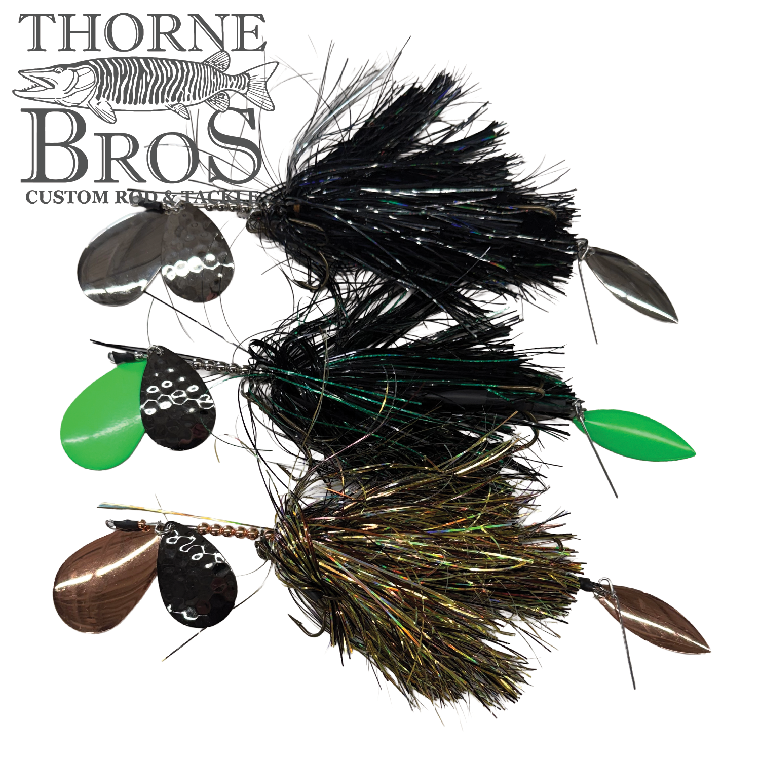 Three Hunsy Tails 8/9 Banger fishing lures with shiny black, green, and brown skirts, each featuring metal spinner blades and hooks designed for musky fishing tackle.