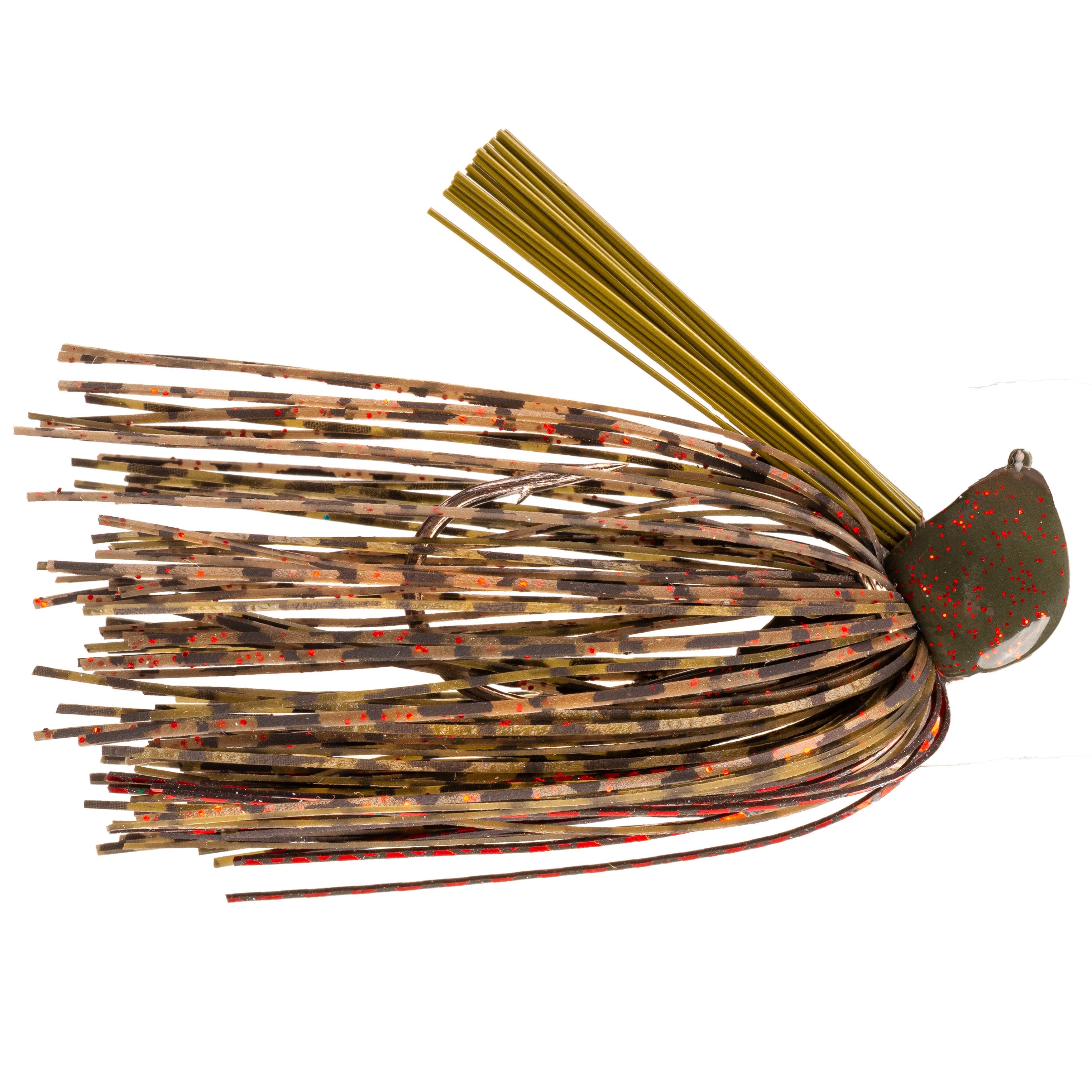 Strike King Tour Grade Tungsten Flip Jig featuring a weighted olive head with red flecks, multi-colored camouflage skirt, and sturdy hook designed for effective fishing tackle use.