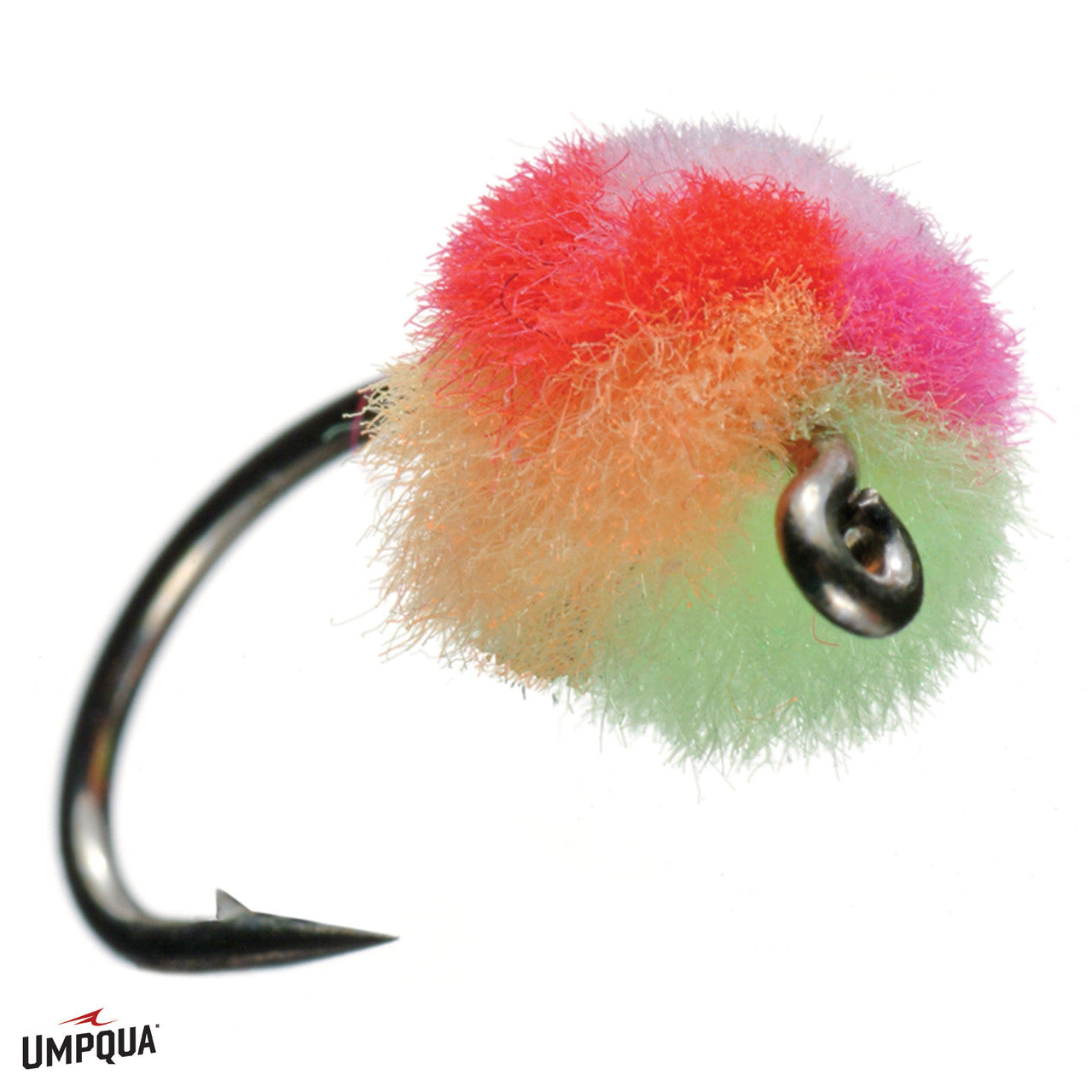 Close-up of an Egg Fly fishing lure featuring a multicolored, fuzzy body in shades of red, orange, pink, and light green attached to a sharp curved hook.