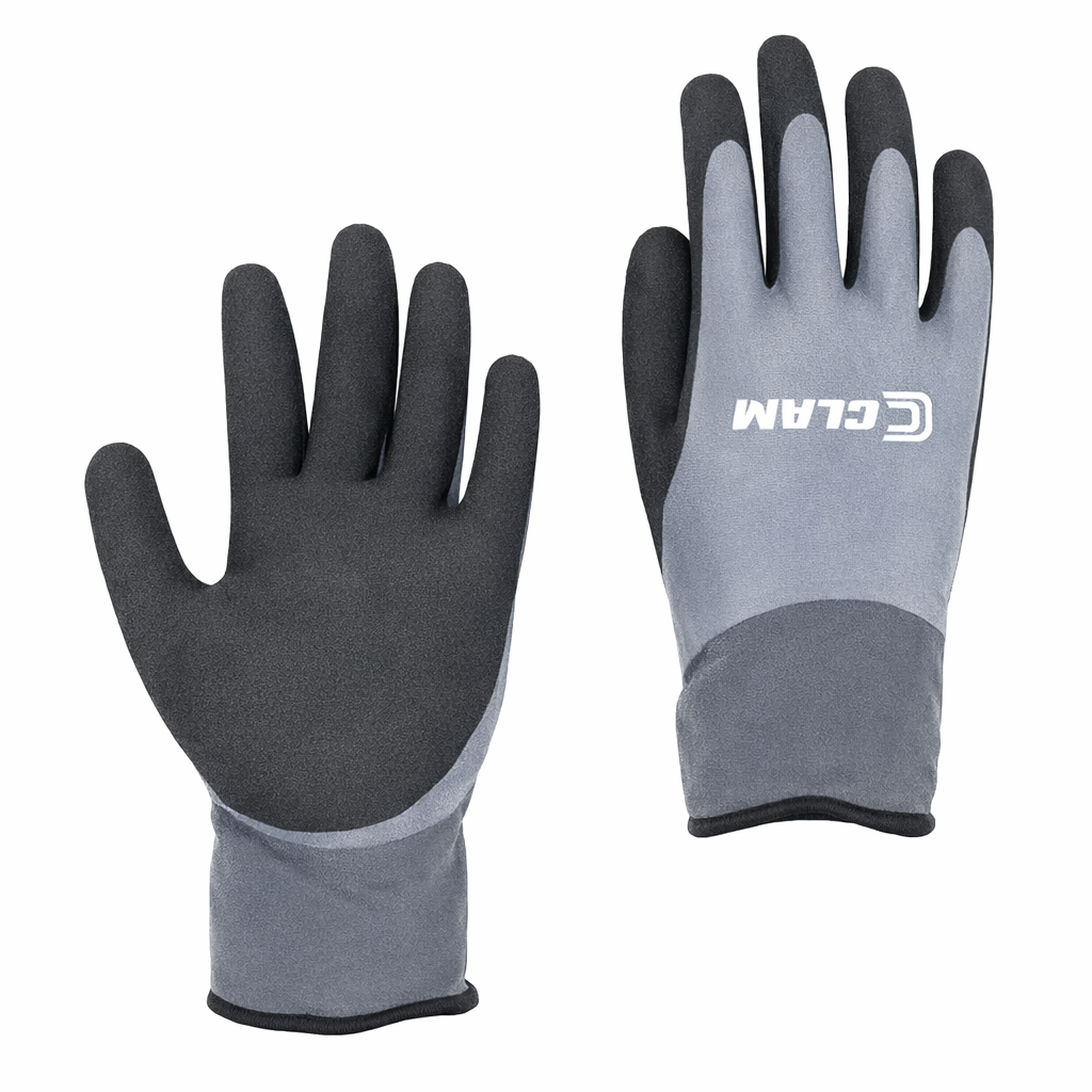Pair of Clam Ice Armor Insulated Latex Glove shown with gray fabric backing and black textured latex coating on palms and fingers, designed for cold-weather fishing protection.