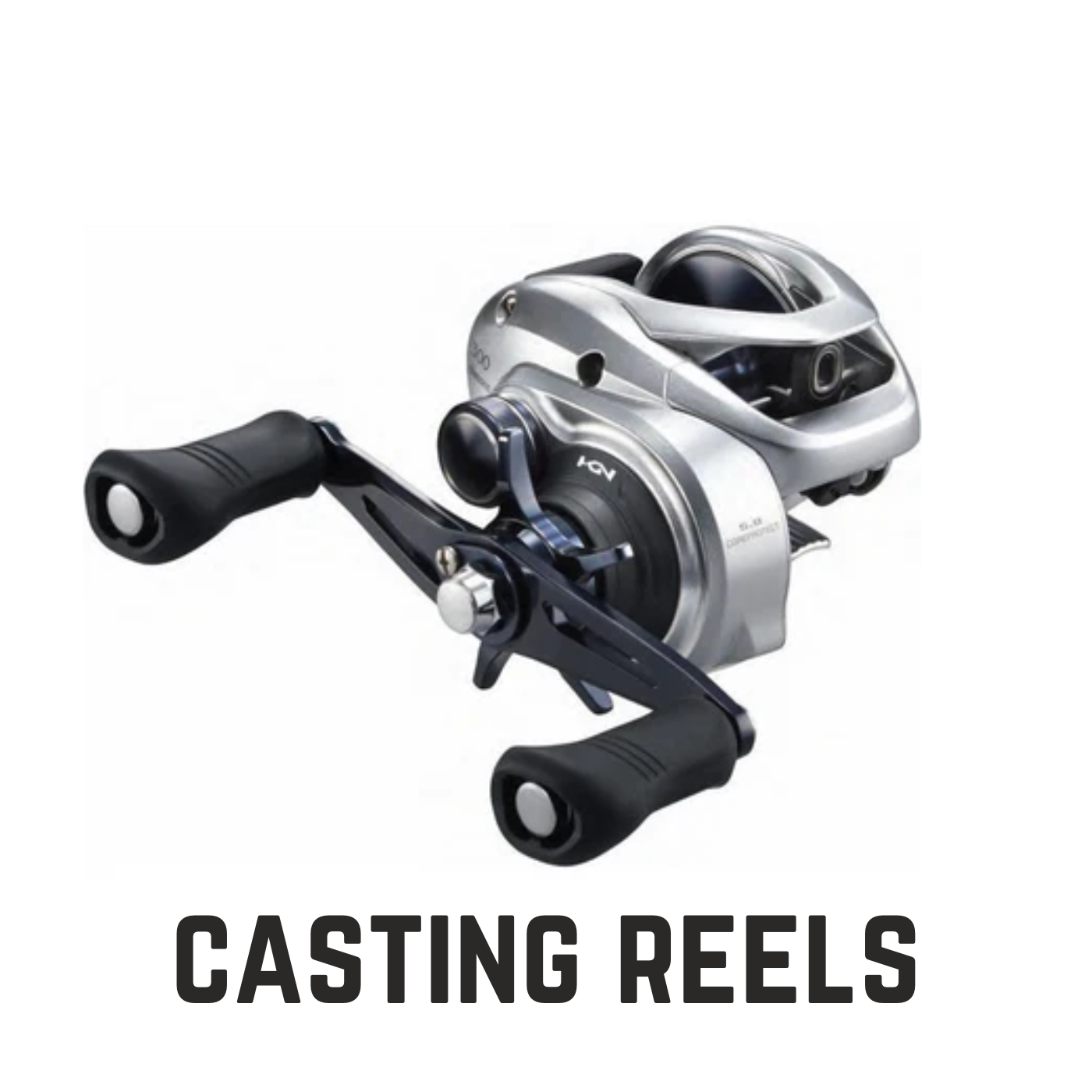 silver with black handle reel with text overlay casting reels