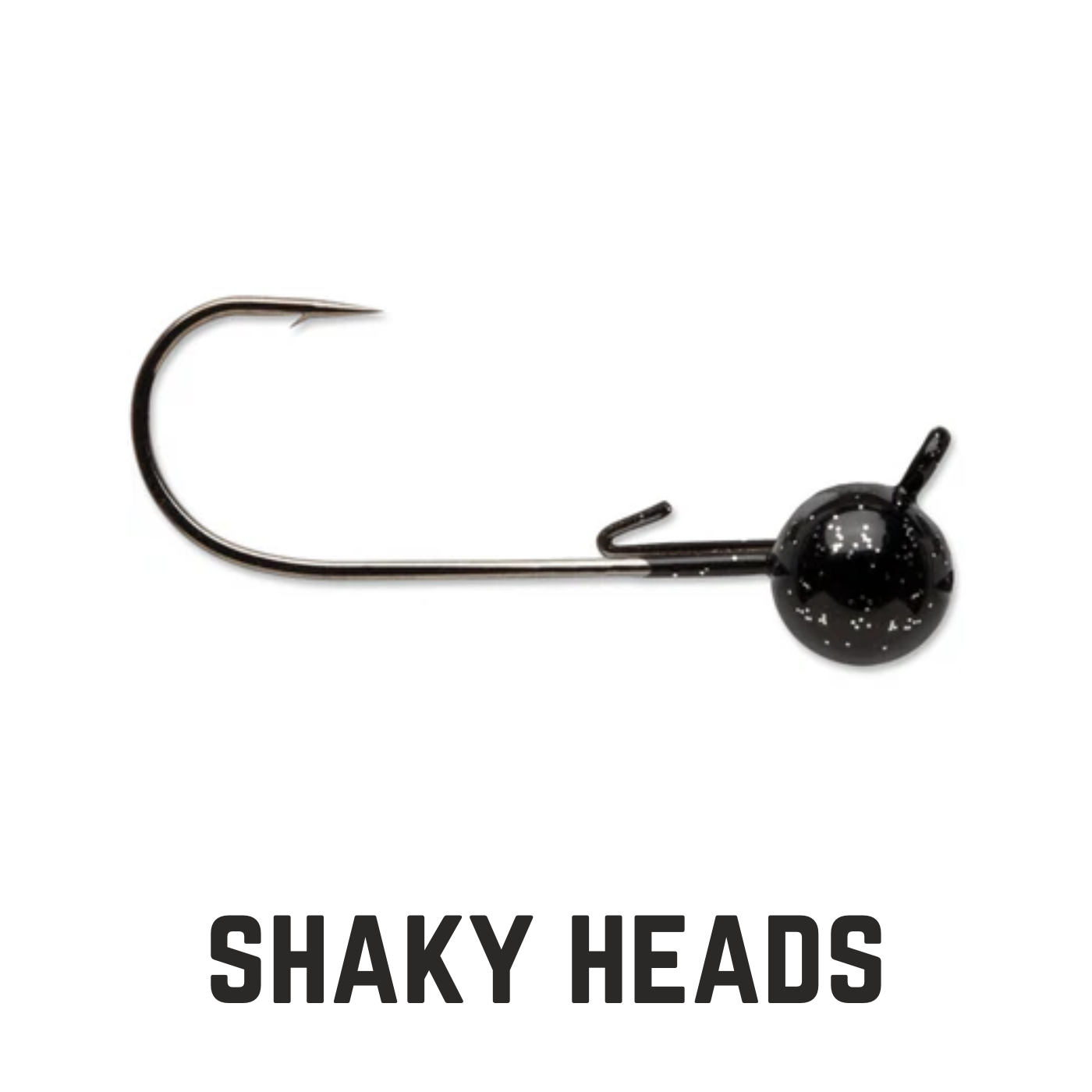 Spekled black jig head with hook and text overlay shaky heads