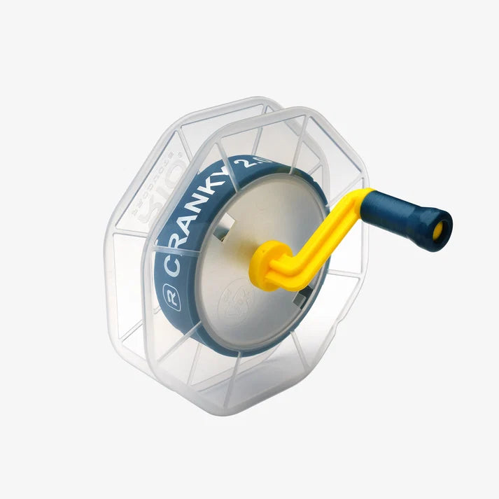 Rio Cranky Kit 2.0 clear hand crank fishing line spool with yellow handle and blue grip for organized fishing tackle preparation