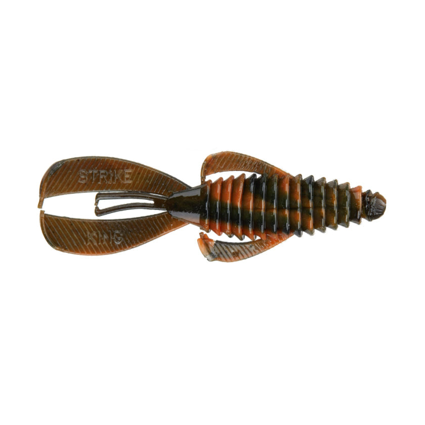 Close-up of a soft plastic fishing lure in brown and dark green tones with ribbed body and twin paddle tails, designed as the Strike King Rage Bug for fishing tackle use.