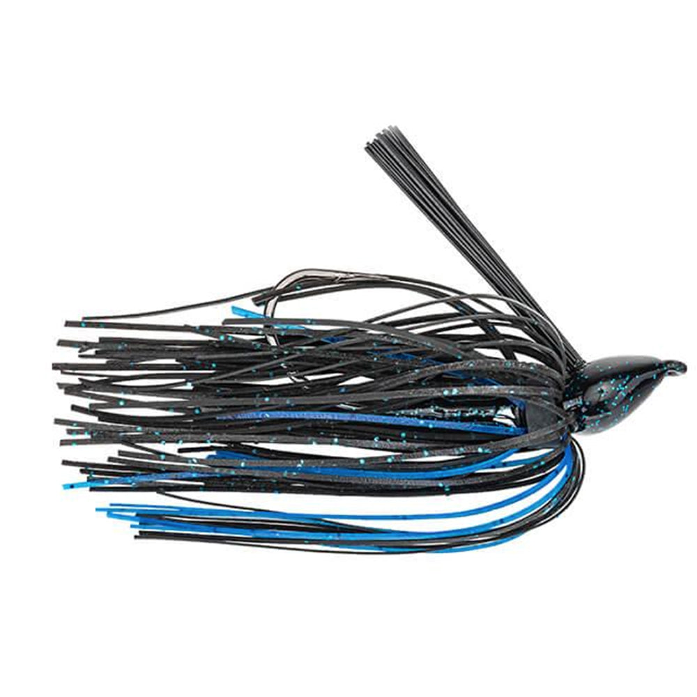 Strike King Denny Brauer Baby Structure Jig fishing lure with black and blue silicone skirt, designed for musky fishing and fishing tackle enthusiasts.