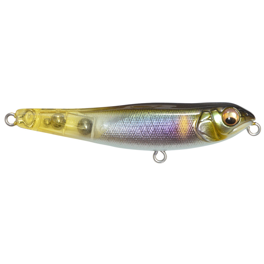 Megabass Dog-X Jr. Coayu BFS fishing lure with a realistic small fish design in translucent yellow and silver tones, featuring detailed eyes and internal weight system.