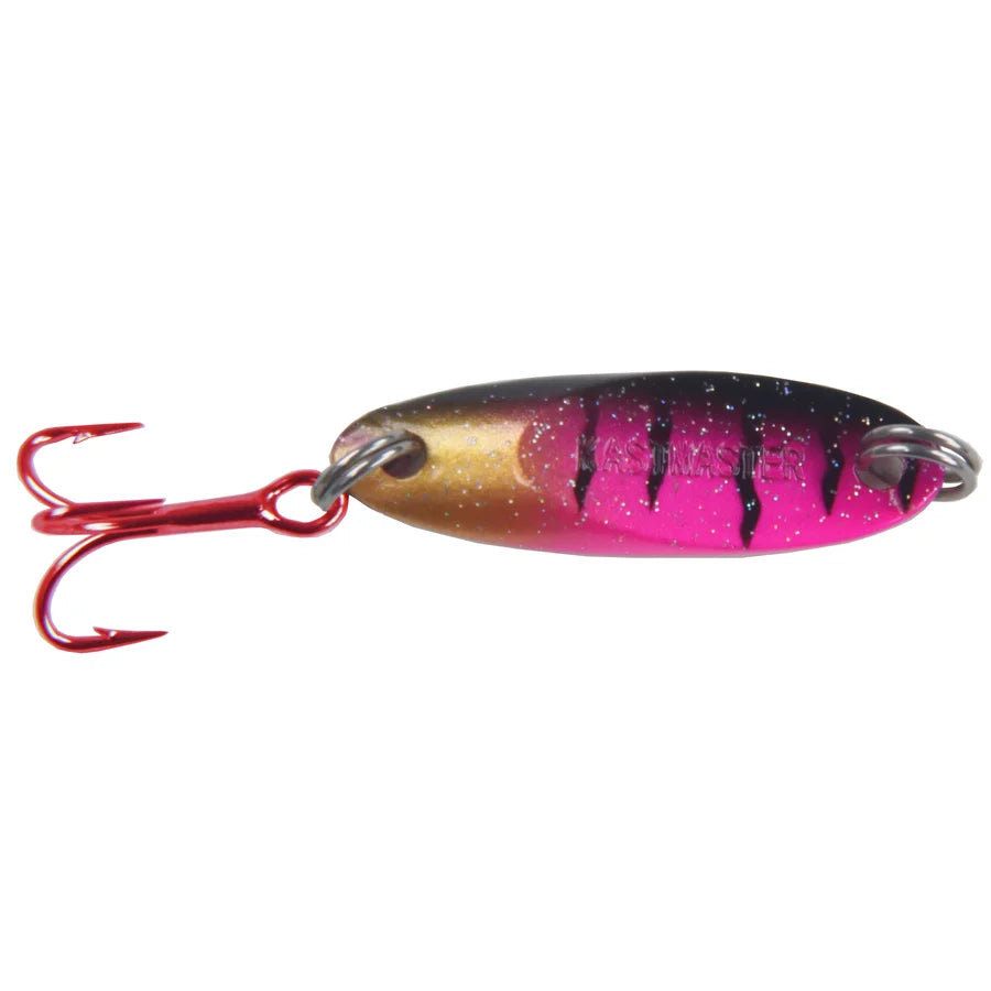 Acme Kastmaster DR Tungsten metal fishing lure with pink gold and black finish plus red treble hooks for fishing tackle and ice fishingังกฤษ