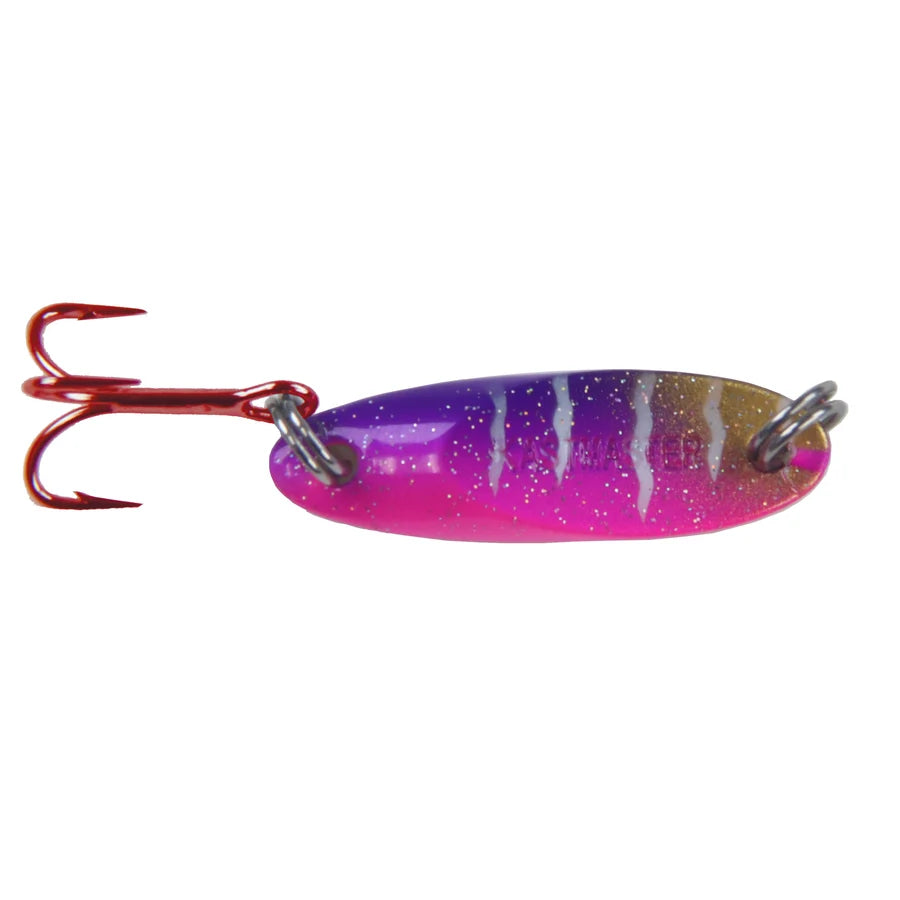 Acme Kastmaster DR Tungsten purple and pink spoon fishing lure with glitter finish and red treble hook for ice fishing and freshwater fishing tackle