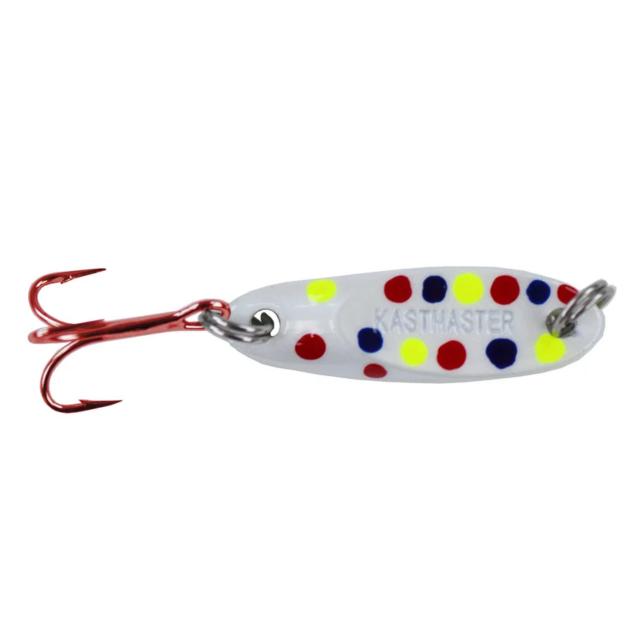 Acme Kastmaster DR Tungsten spoon fishing lure with silver body colorful dot pattern and red treble hook for ice fishing and freshwater fishing tackle