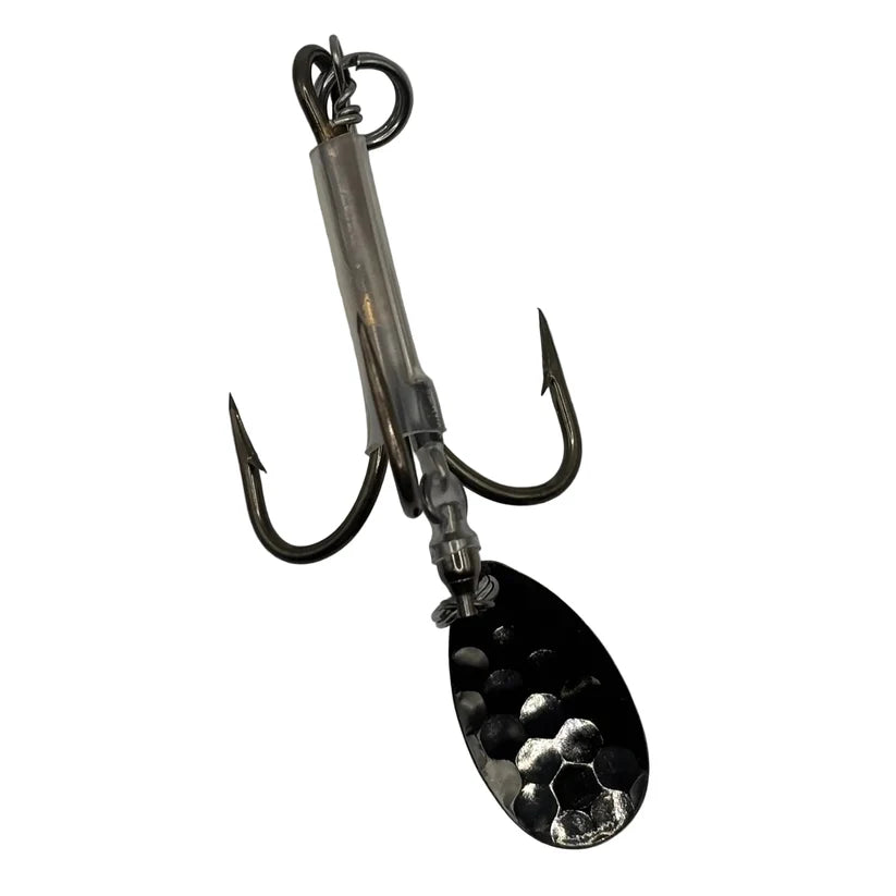 DW 6/0 Bladed Teaser Hook with a dark metal body two curved hooks and a reflective black spinner blade for musky fishing tackle