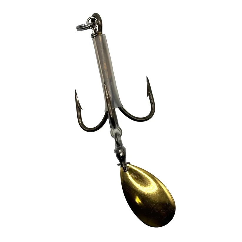 DW 6/0 Bladed Teaser Hook with twin hooks and a gold spinner blade for musky fishing tackle and lure presentations