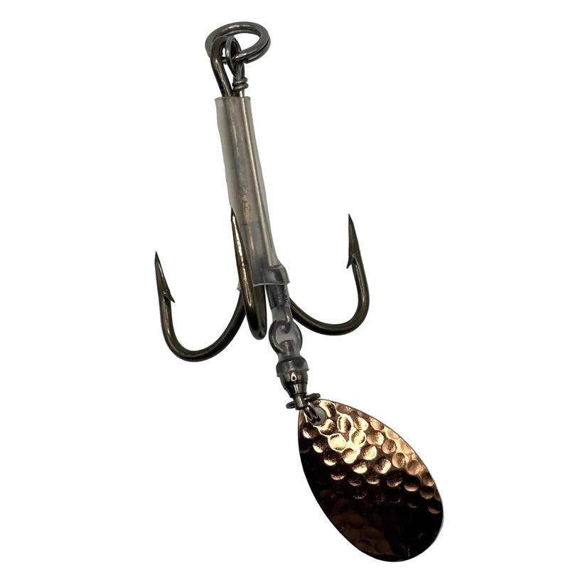 DW 6/0 Bladed Teaser Hook with a treble hook and hammered oval spinner blade for musky fishing tackle