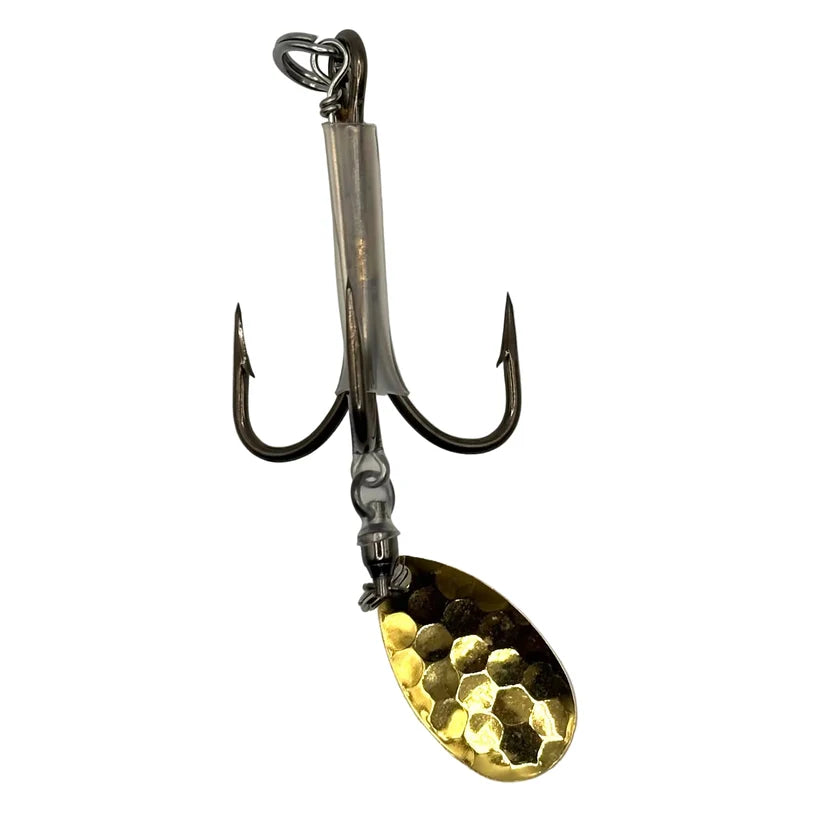 DW 6/0 Bladed Teaser Hook with a treble hook and reflective hammered gold blade for musky fishing tackle