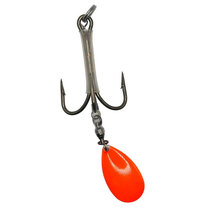 DW 6/0 Bladed Teaser Hook featuring a treble hook and bright orange spinner blade for musky fishing tackle and lure setups