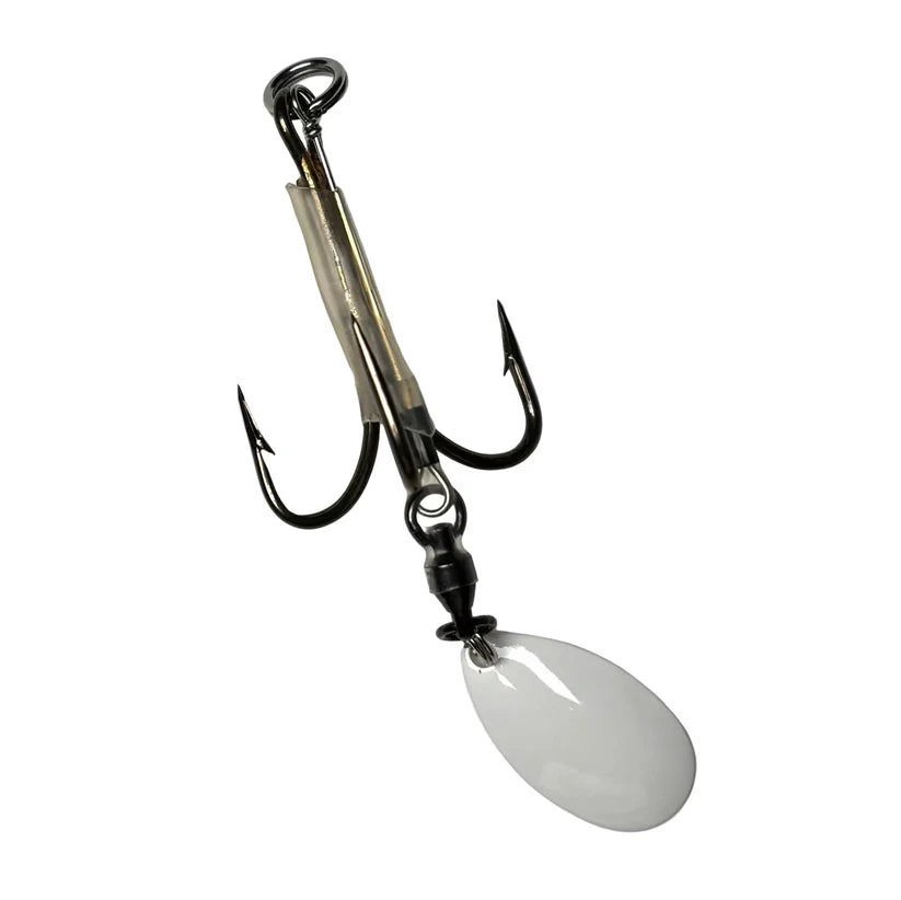 DW 6/0 Bladed Teaser Hook with twin treble hooks and a reflective silver spinner blade for musky fishing tackle and lure setups