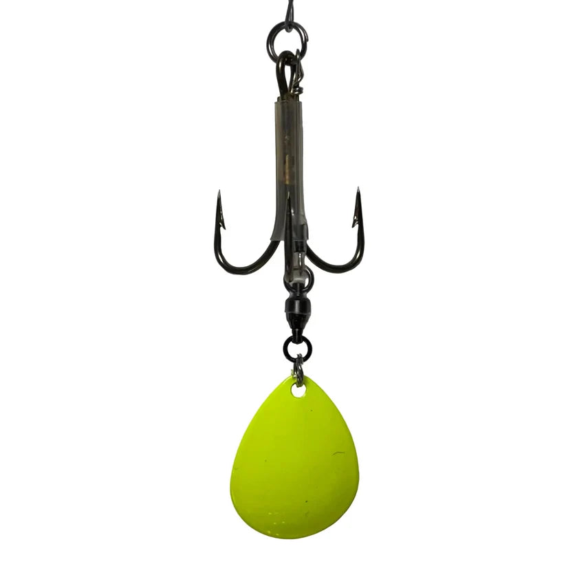 DW 7/0 Bladed Teaser Hook-#7 Colorado Blade with treble hook and bright chartreuse blade for musky fishing tackle and lure setups