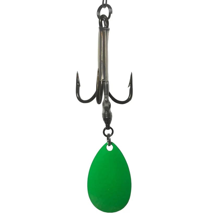 DW 7/0 Bladed Teaser Hook-#8 Indiana Blade with treble hook and green oval spinner blade for musky fishing tackle and lure rigging