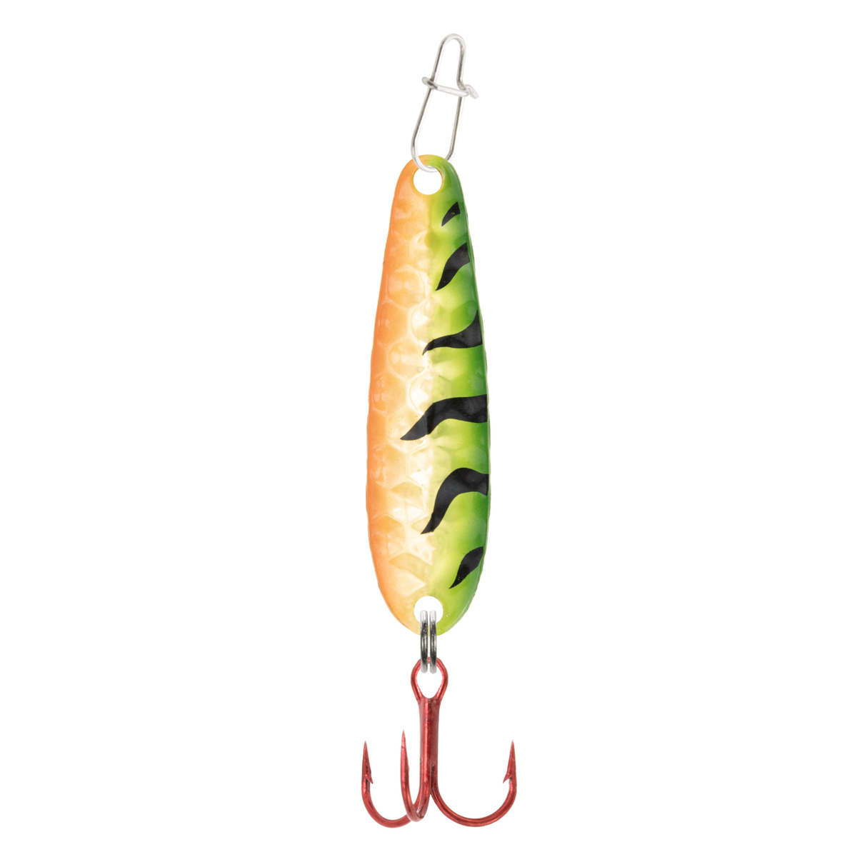 Clam Dancin' Drop Spoon fishing lure with a tapered, hammered metal body featuring an orange and green gradient finish with black stripes and a red treble hook.