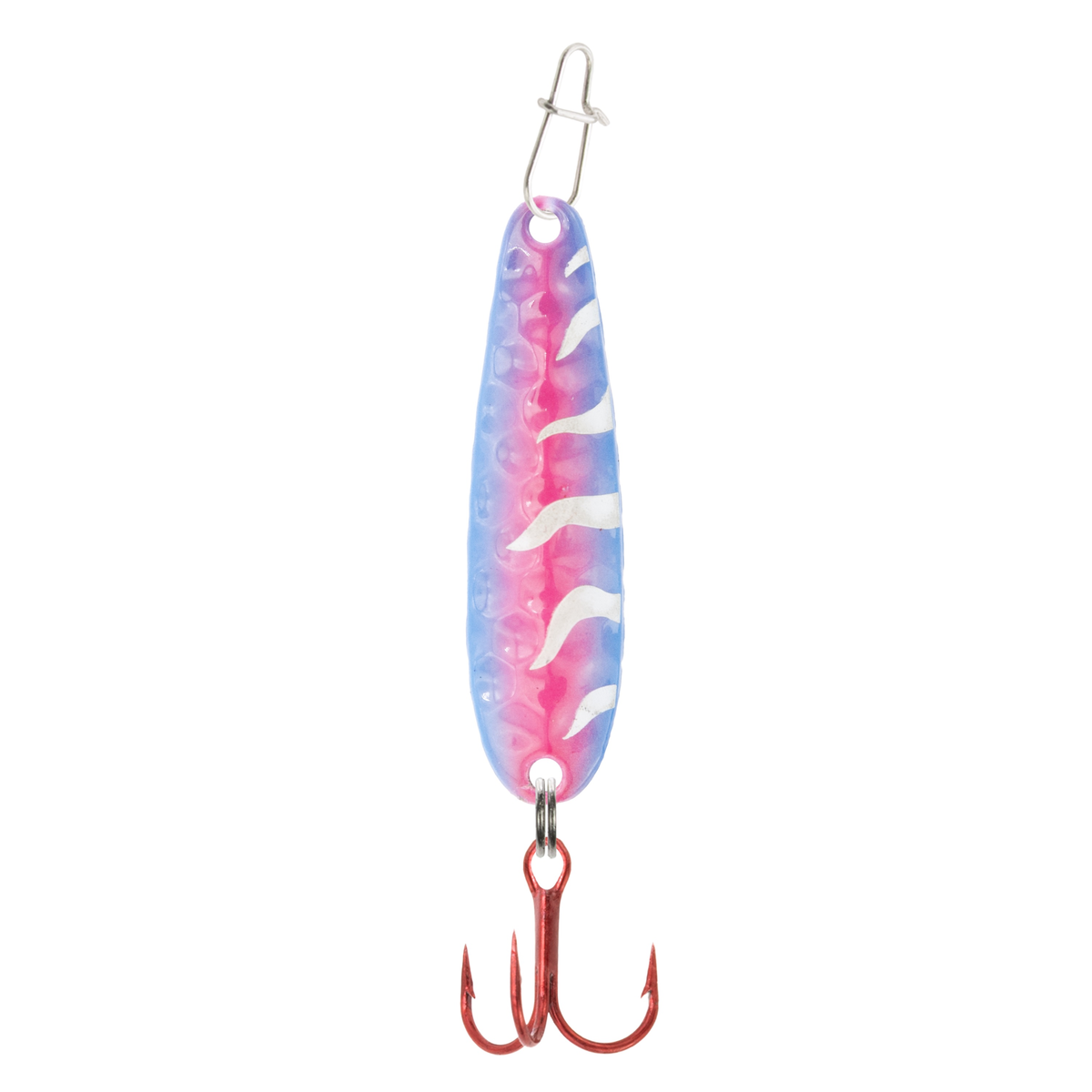 Clam Dancin' Drop Spoon fishing lure featuring a curved, patterned blue and pink metal body with white accents, equipped with a red treble hook and a swivel clip for easy attachment.
