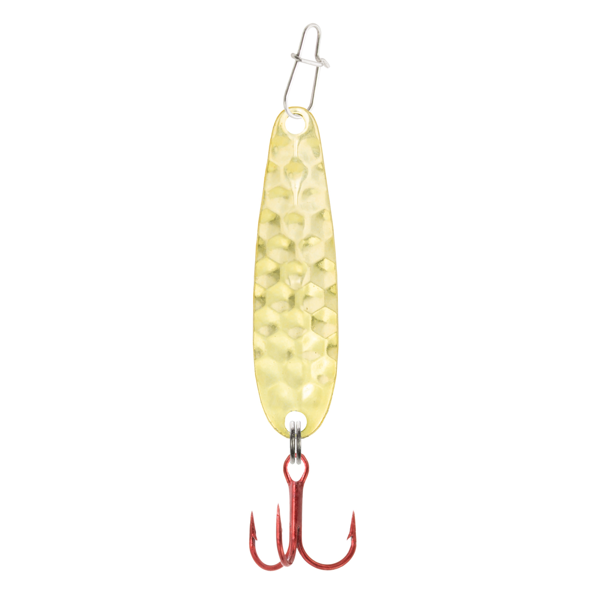 Clam Dancin' Drop Spoon fishing lure with hammered gold finish and red treble hook, designed for effective movement in freshwater fishing tackle.