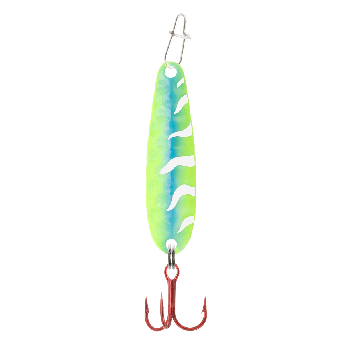 Clam Dancin' Drop Spoon fishing lure in bright green and blue with white tiger stripe pattern, featuring a hammered metal texture and a red treble hook for effective fishing tackle.