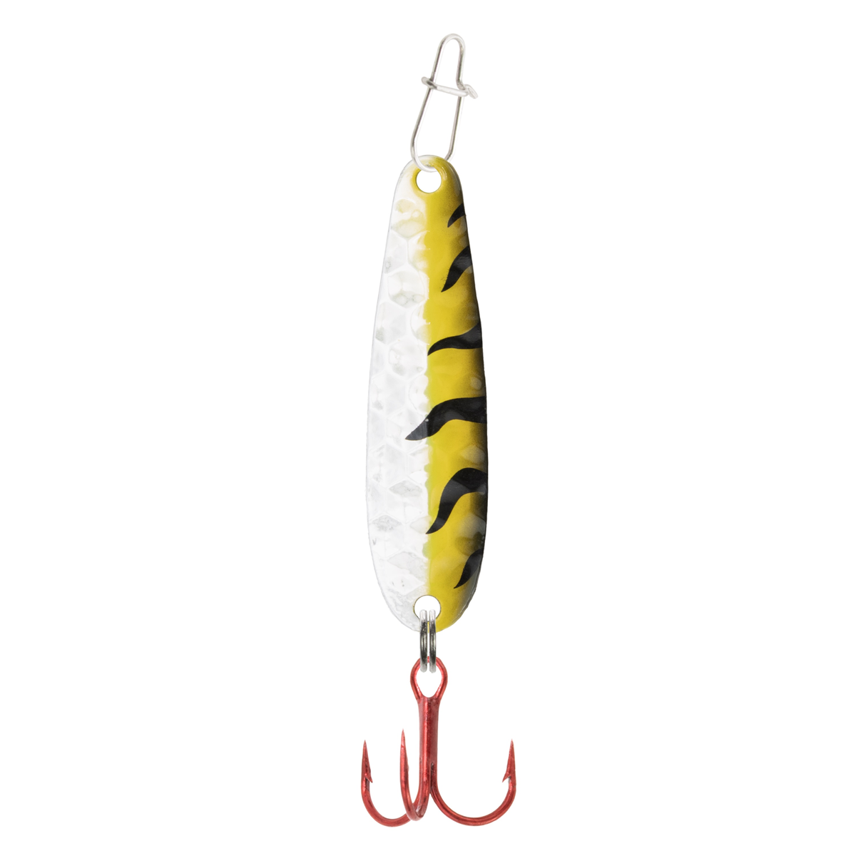 Clam Dancin' Drop Spoon fishing lure with hammered silver and yellow patterned body and red treble hook, designed for fishing tackle enthusiasts.