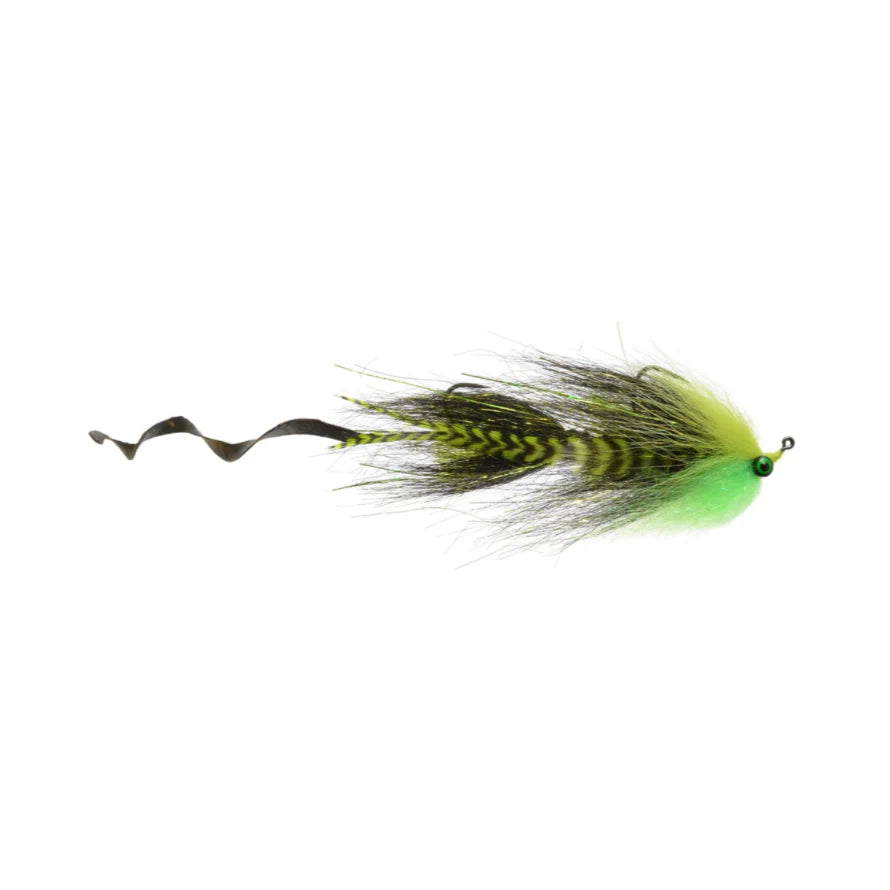 Satkowski's Devil's Tail #3/0 fishing lure with vibrant green and black feather body, curly tail, and detailed design for musky fishing tackle enthusiasts.
