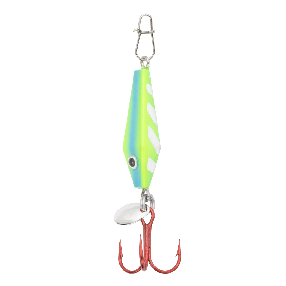 Clam Diamond Drop Spoon fishing lure in bright green and blue with white accents, featuring a silver spinner blade and red treble hook for effective fishing tackle.