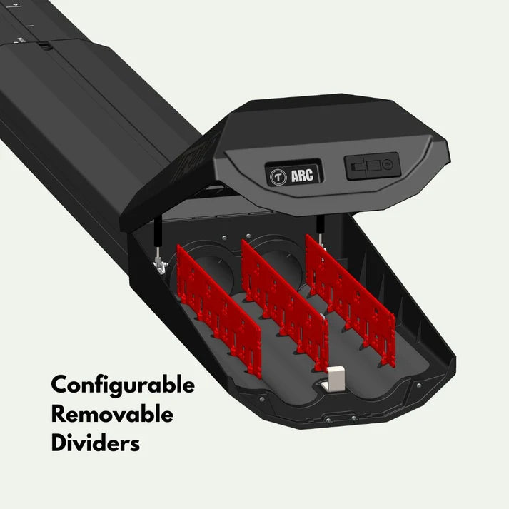 Trxstle ARC Fishing Rod Carrier shown open with configurable removable dividers for organized fishing rod storage